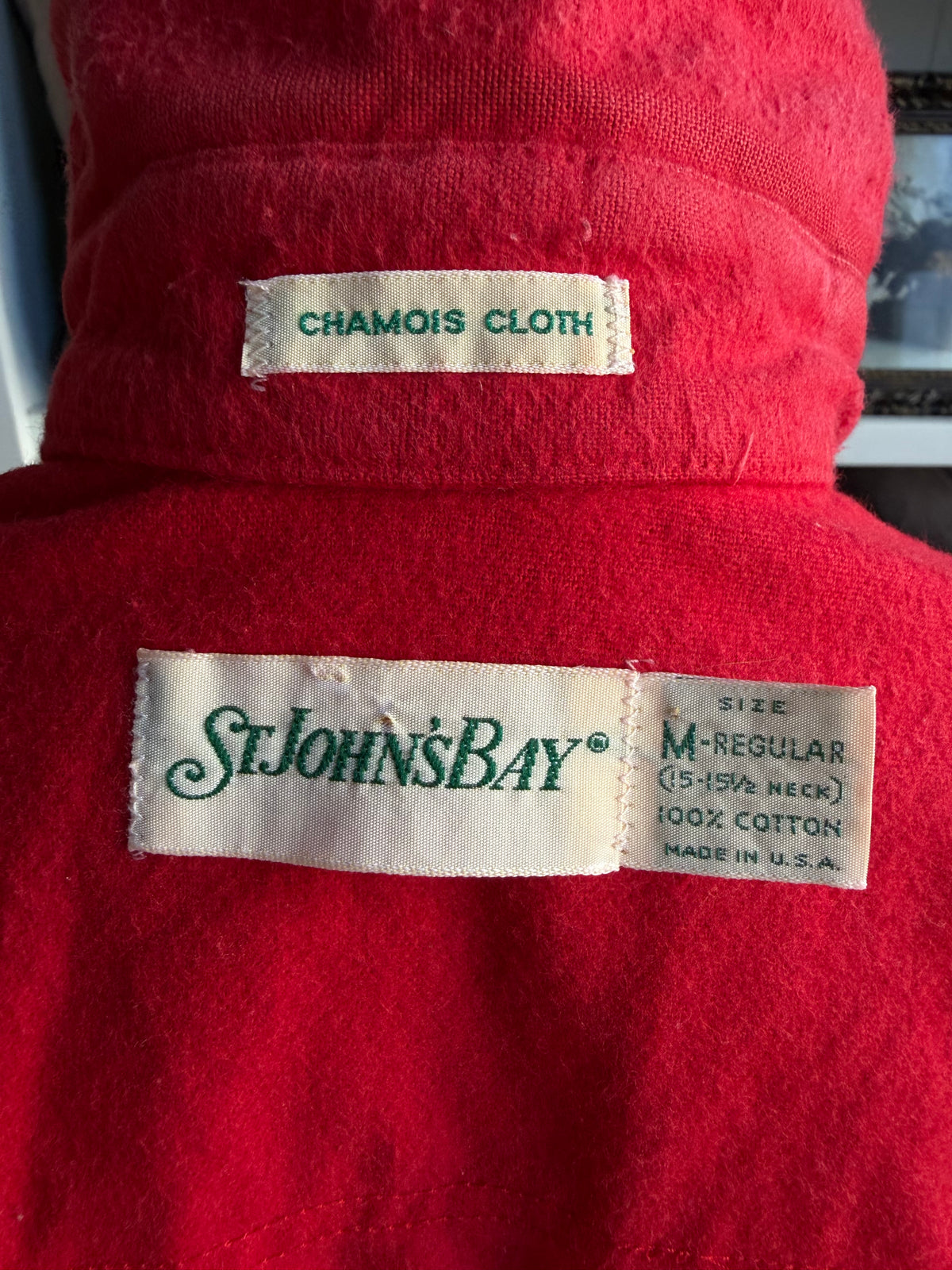 80s St John’s Bay red chamois cloth button down. Made in the USA