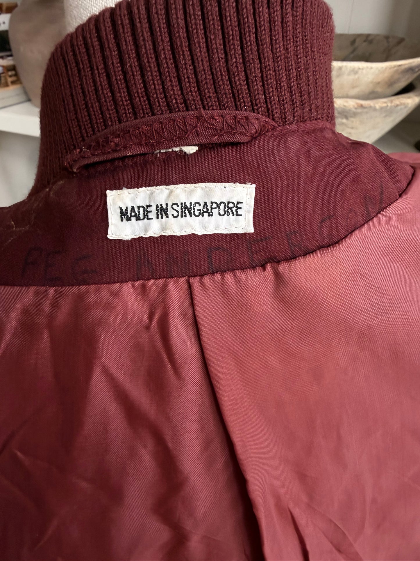 Vintage maroon trench with bomber details. Made in Singapore