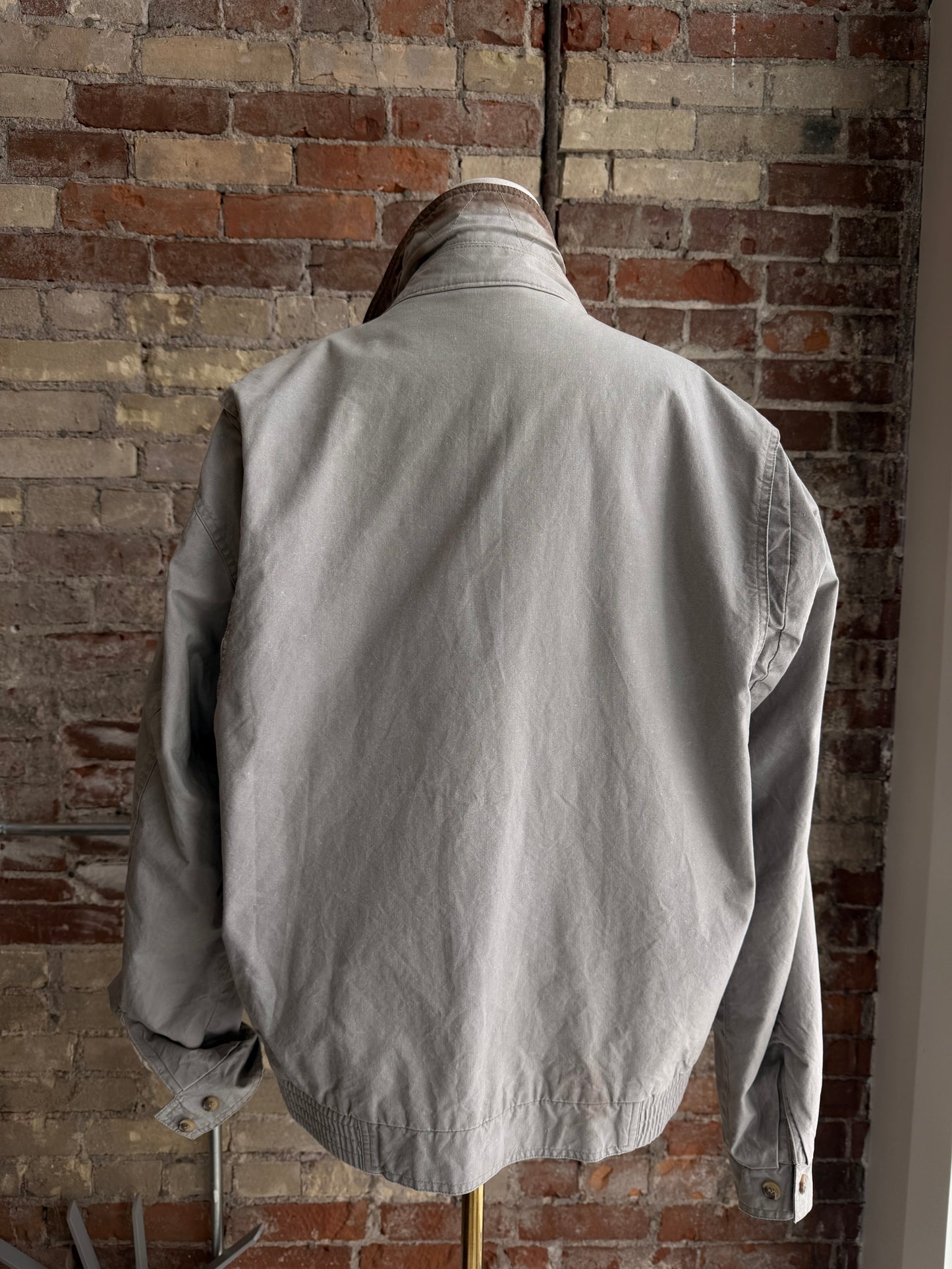 90s LLBean khaki bomber with leather collar. Made in Hong Kong.