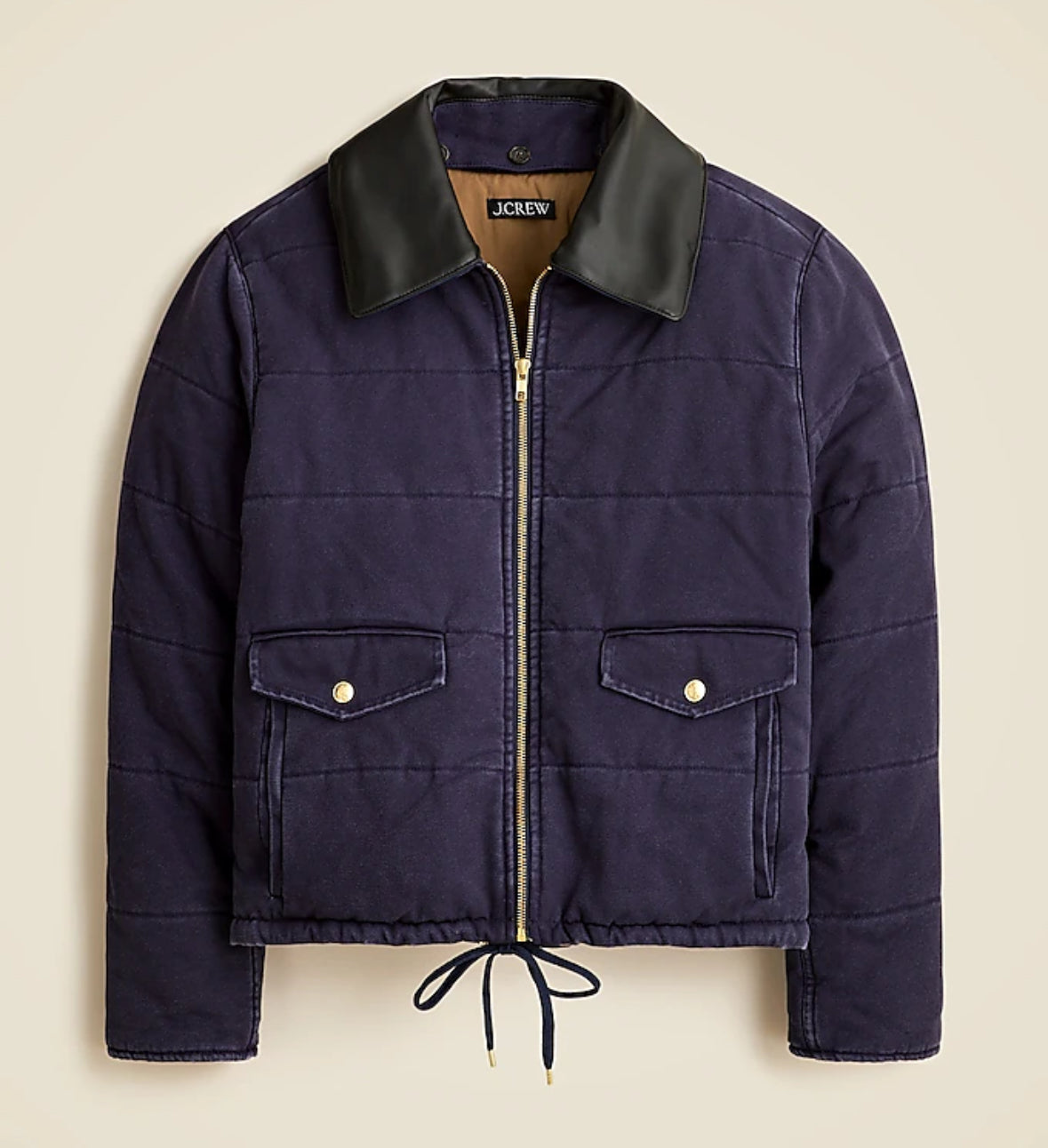 JCrew Rugged Canvas cropped jacket in navy with black leather collar. NWT. Size Large
