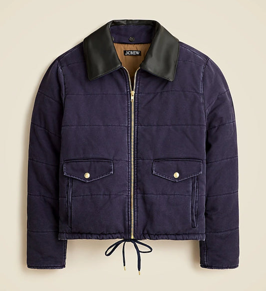 JCrew Rugged Canvas cropped jacket in navy with black leather collar. NWT. Size Large