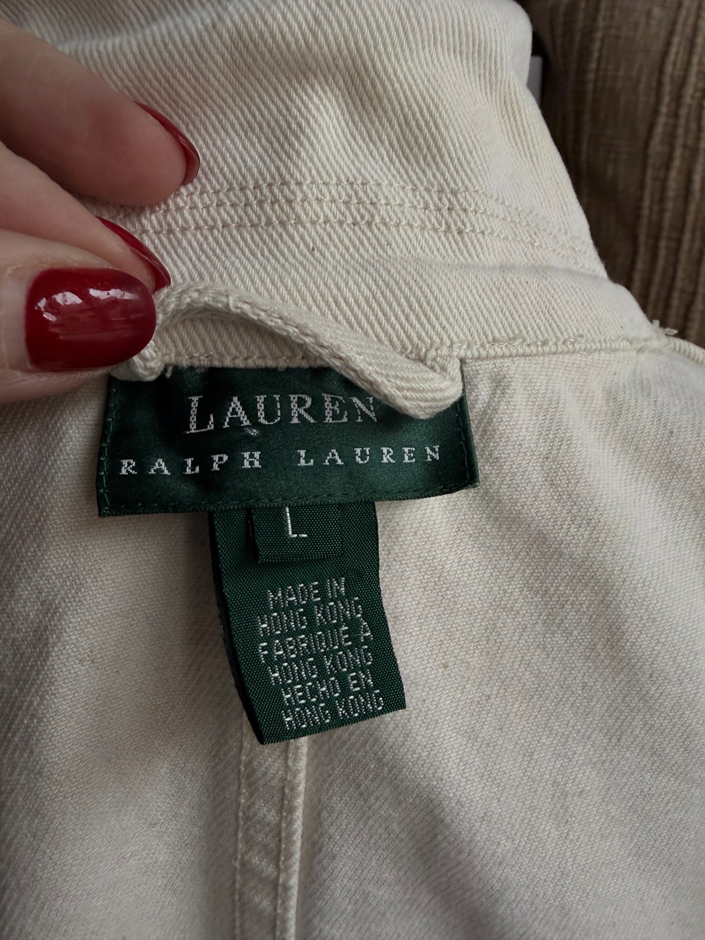 90s Lauren Ralph Lauren cream denim chore coat. Made in Hong Kong