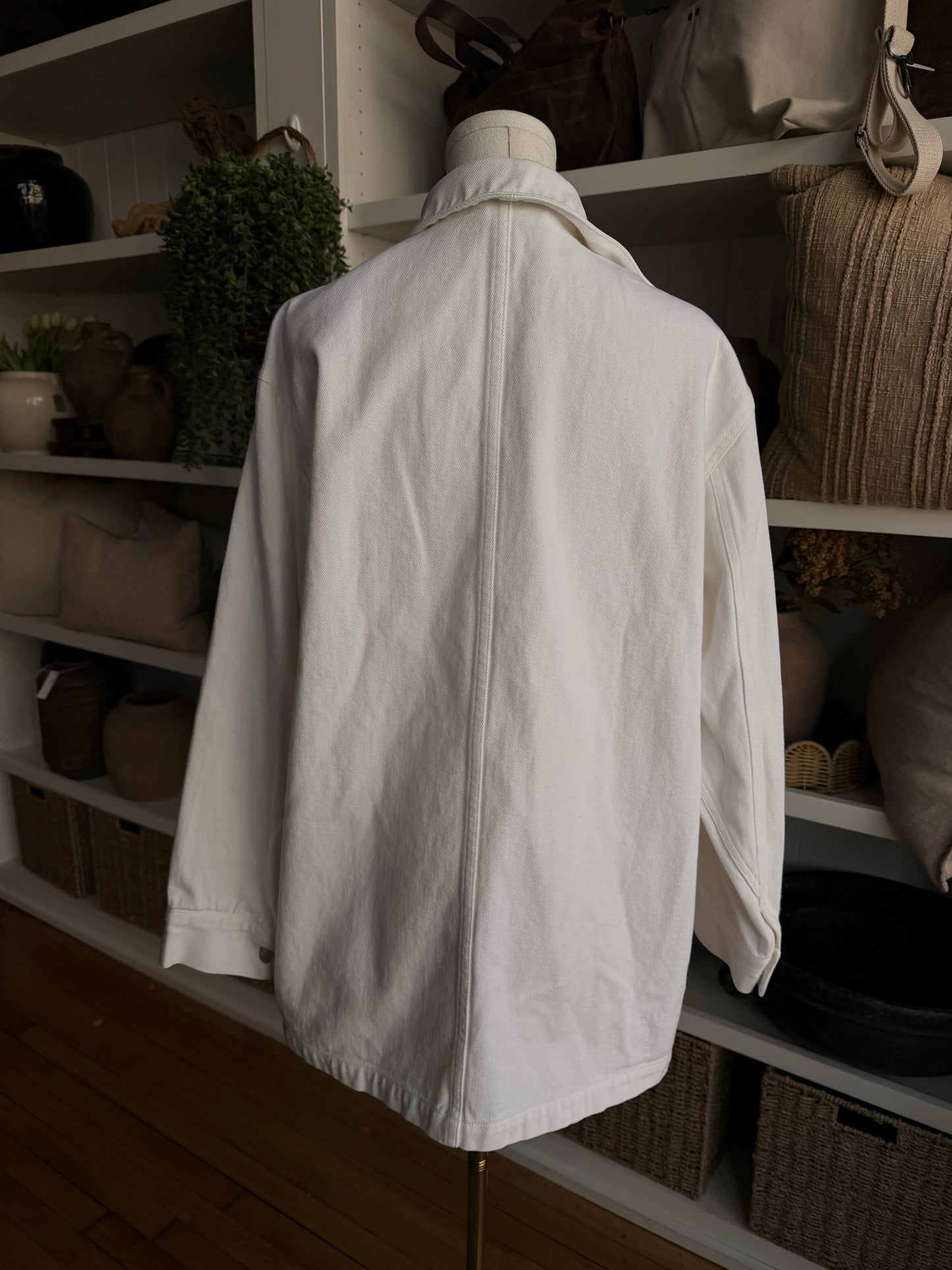 90s Lauren Ralph Lauren white denim chore coat. Made in Hong Kong