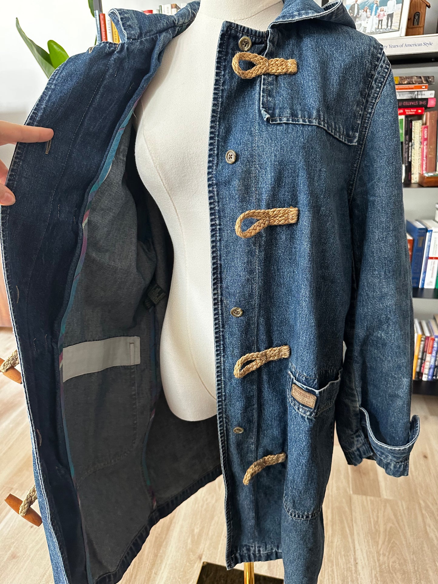 90s Lauren Jeans Co denim toggle coat. Made in Hong Kong
