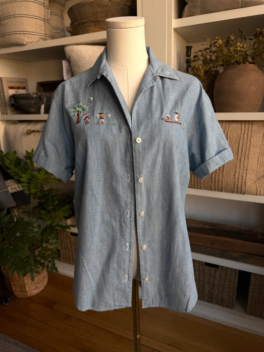 80s Banana Republic denim short sleeve button down with embroidery
