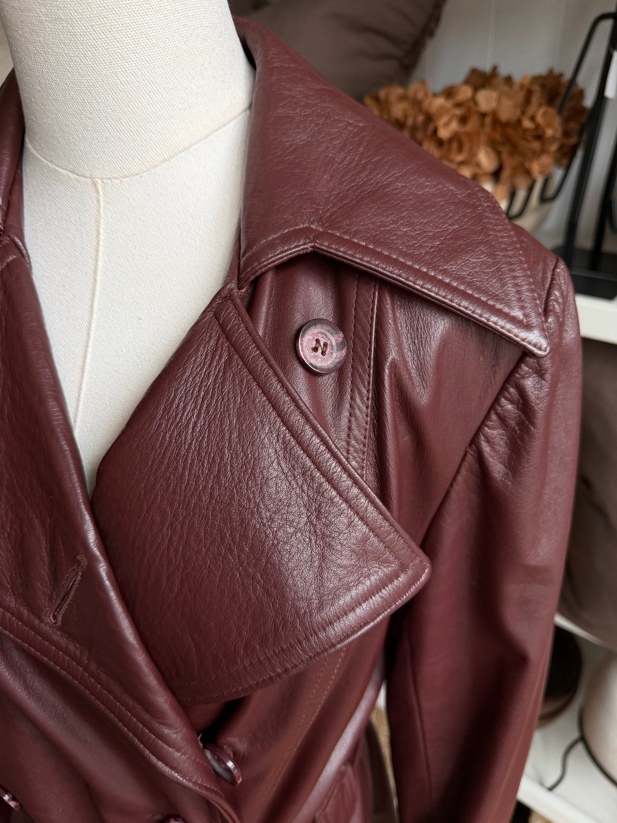 70s Burgundy leather trench. Made in the USA. Fits XXS-S