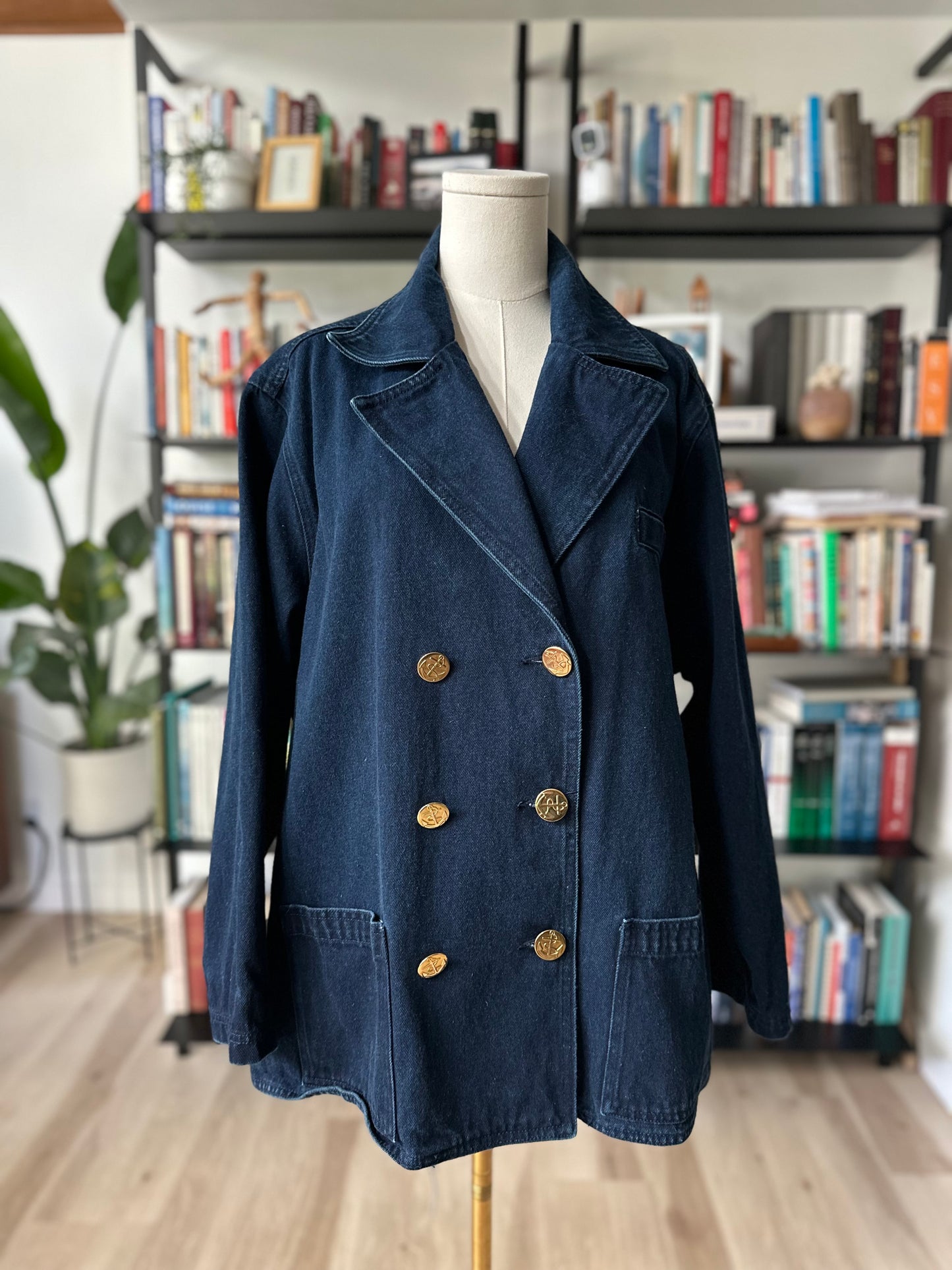 90s LA Blues denim pea coat. Made in Hong Kong