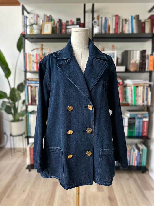 90s LA Blues denim pea coat. Made in Hong Kong