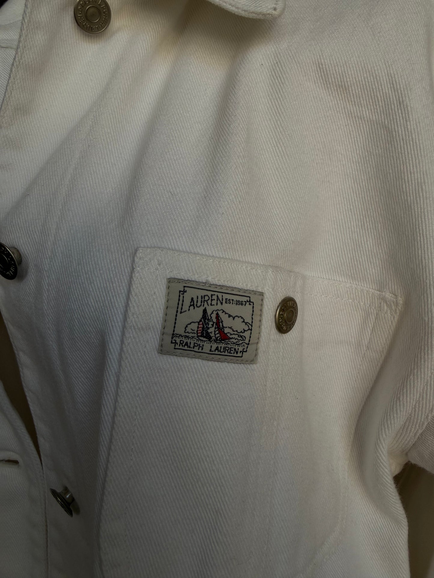 90s Lauren Ralph Lauren white denim chore coat. Made in Hong Kong