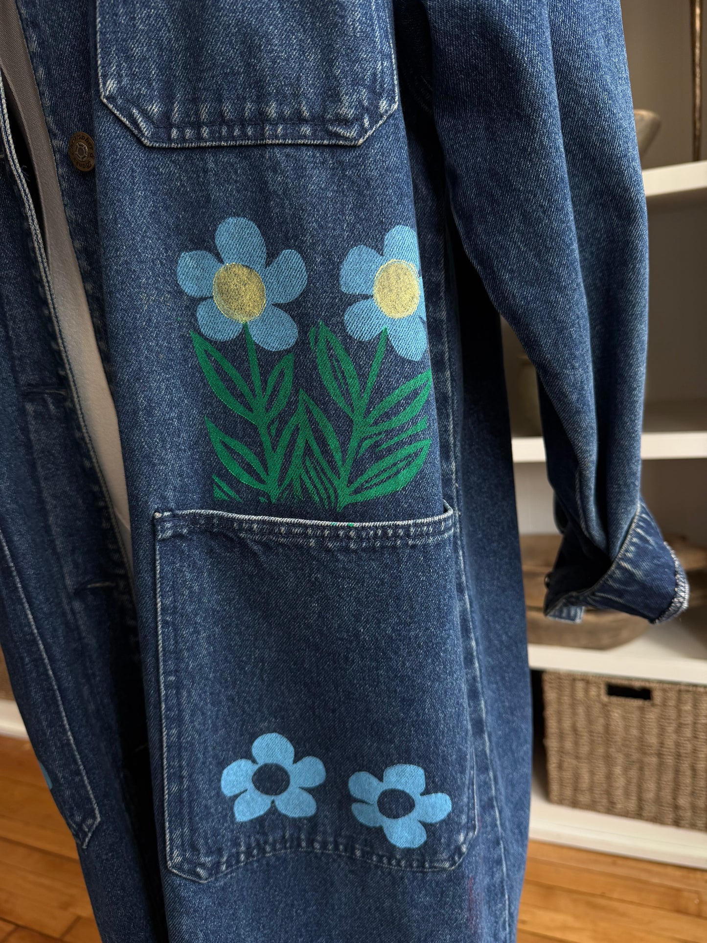 Blocked printed vintage denim trench. Hand painted by SRM Prints