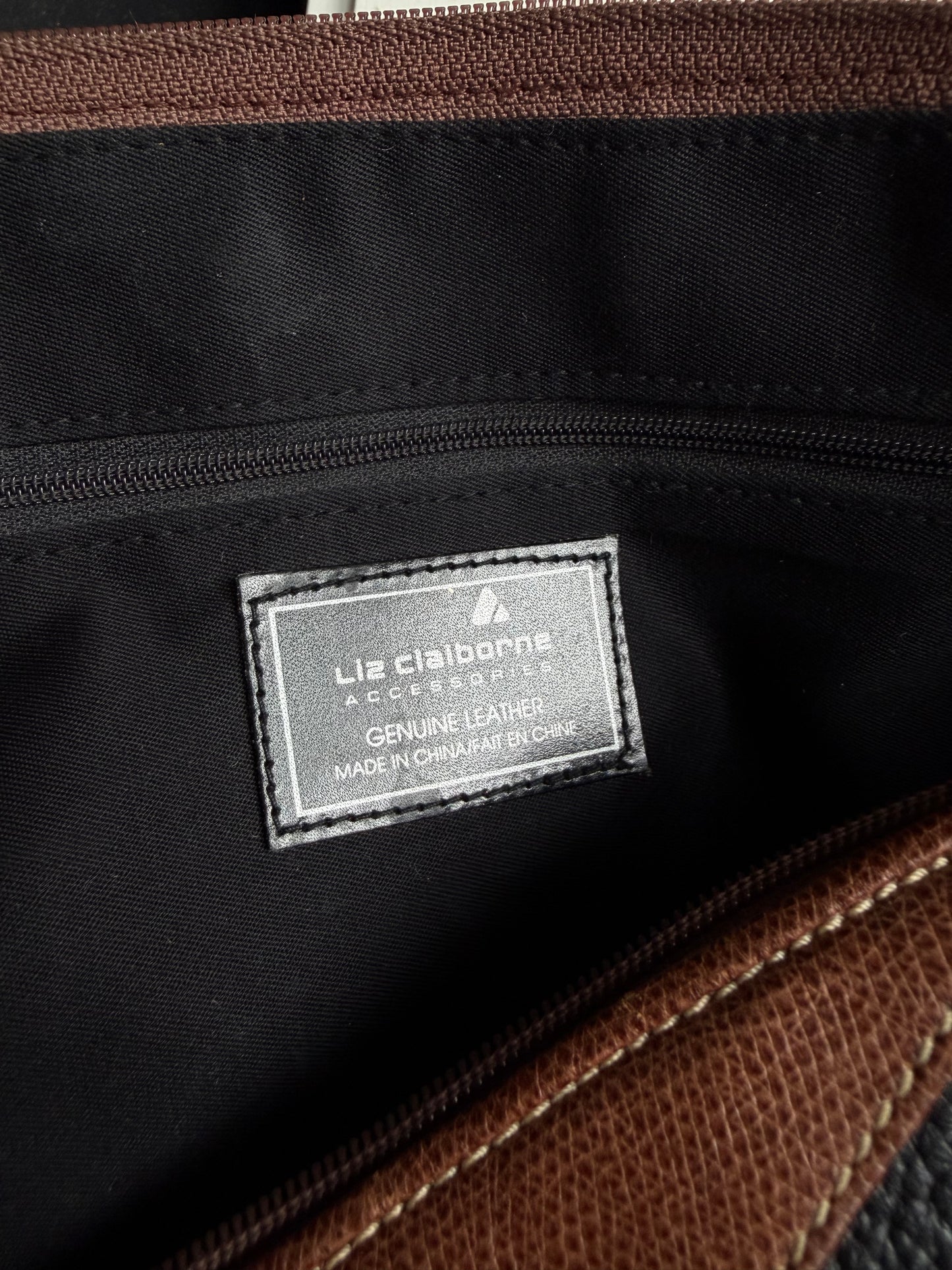 90s Liz Claiborne black and brown pebbled leather handbag