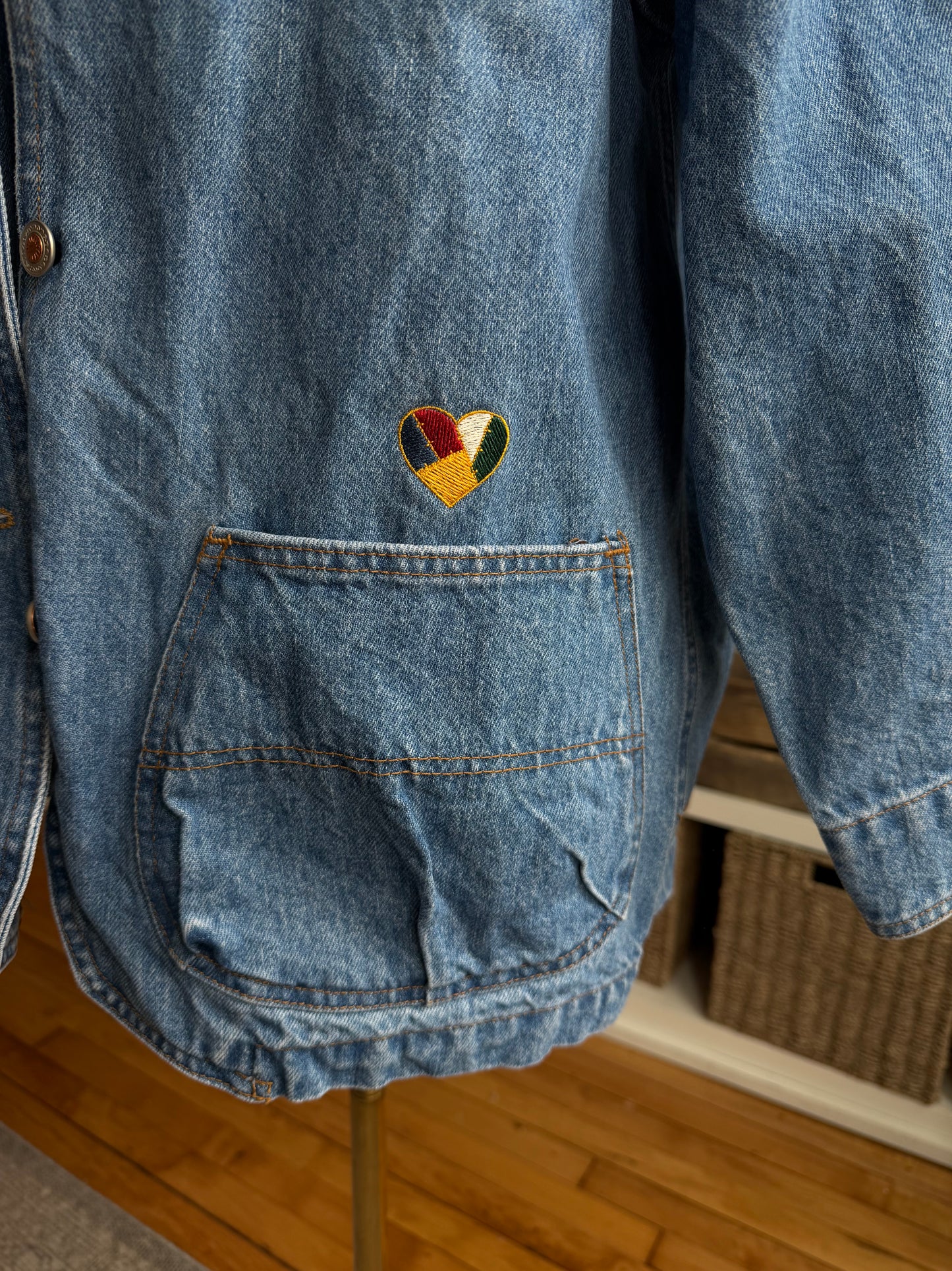 Vintage Denim chore coat with embroidery with green collar