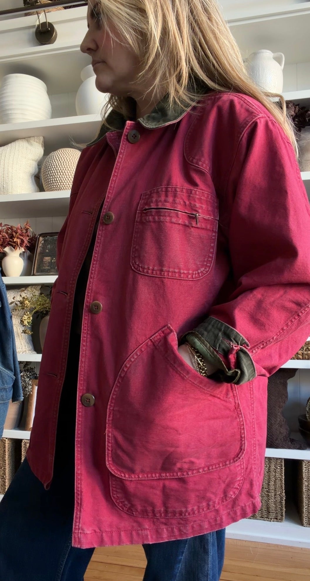 80s LL Bean red barn coat with removable wool lining. Made in the USA. Fits M-XL