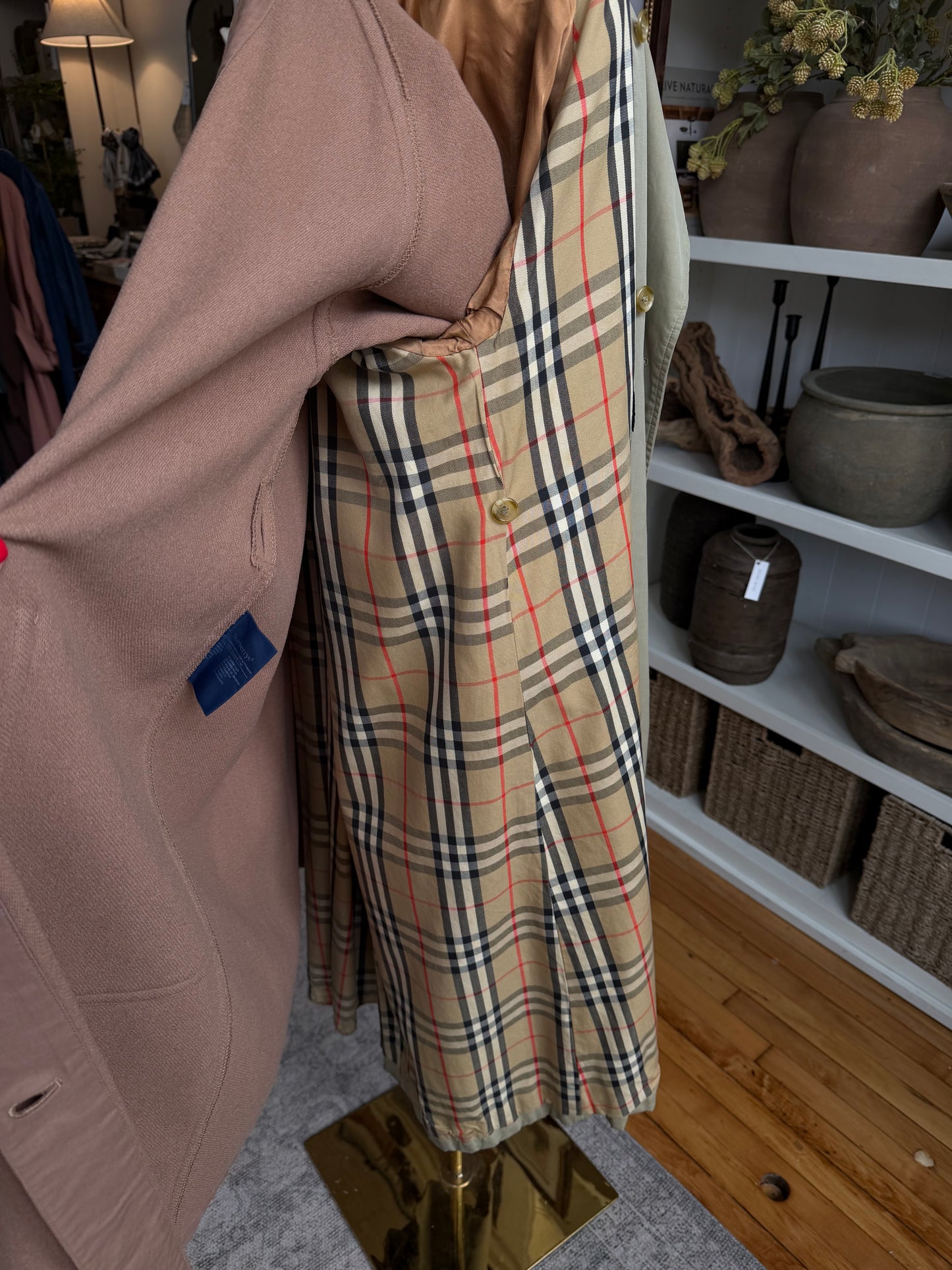 Vintage Burberry green khaki trench with removable wool lining. Made in the USA.