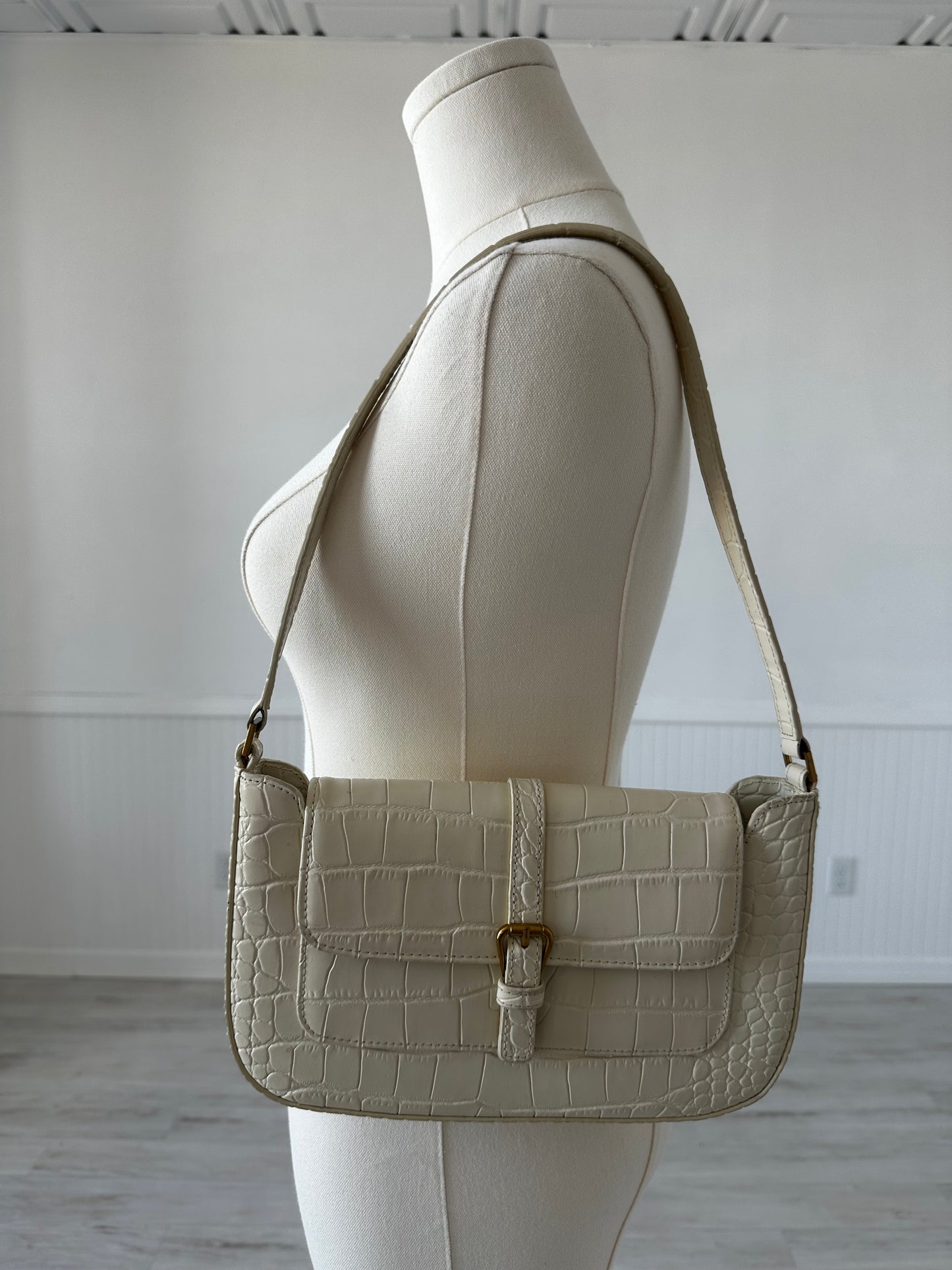 BY FAR cream croc embossed leather bag