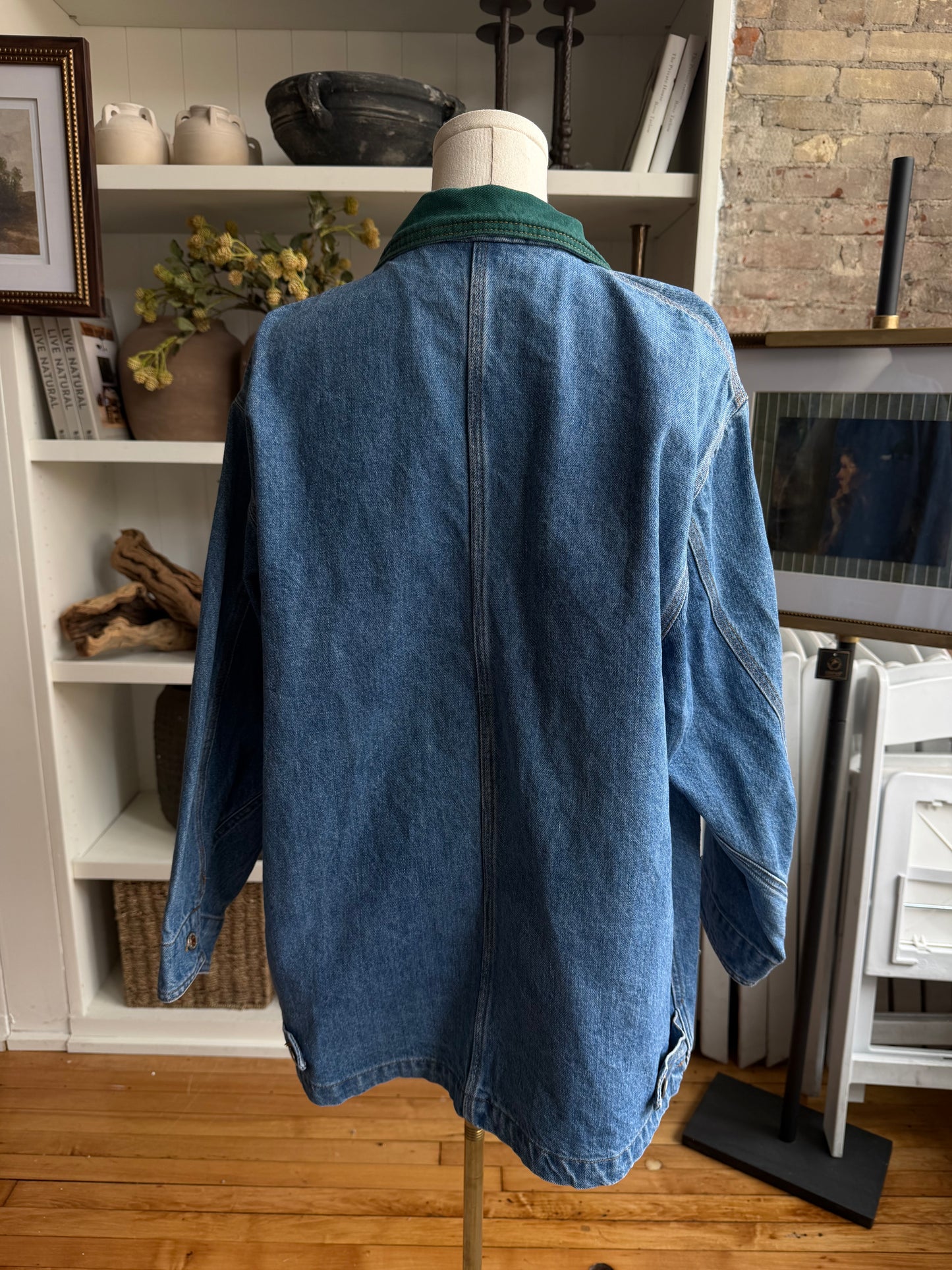 Vintage Denim chore coat with embroidery with green collar