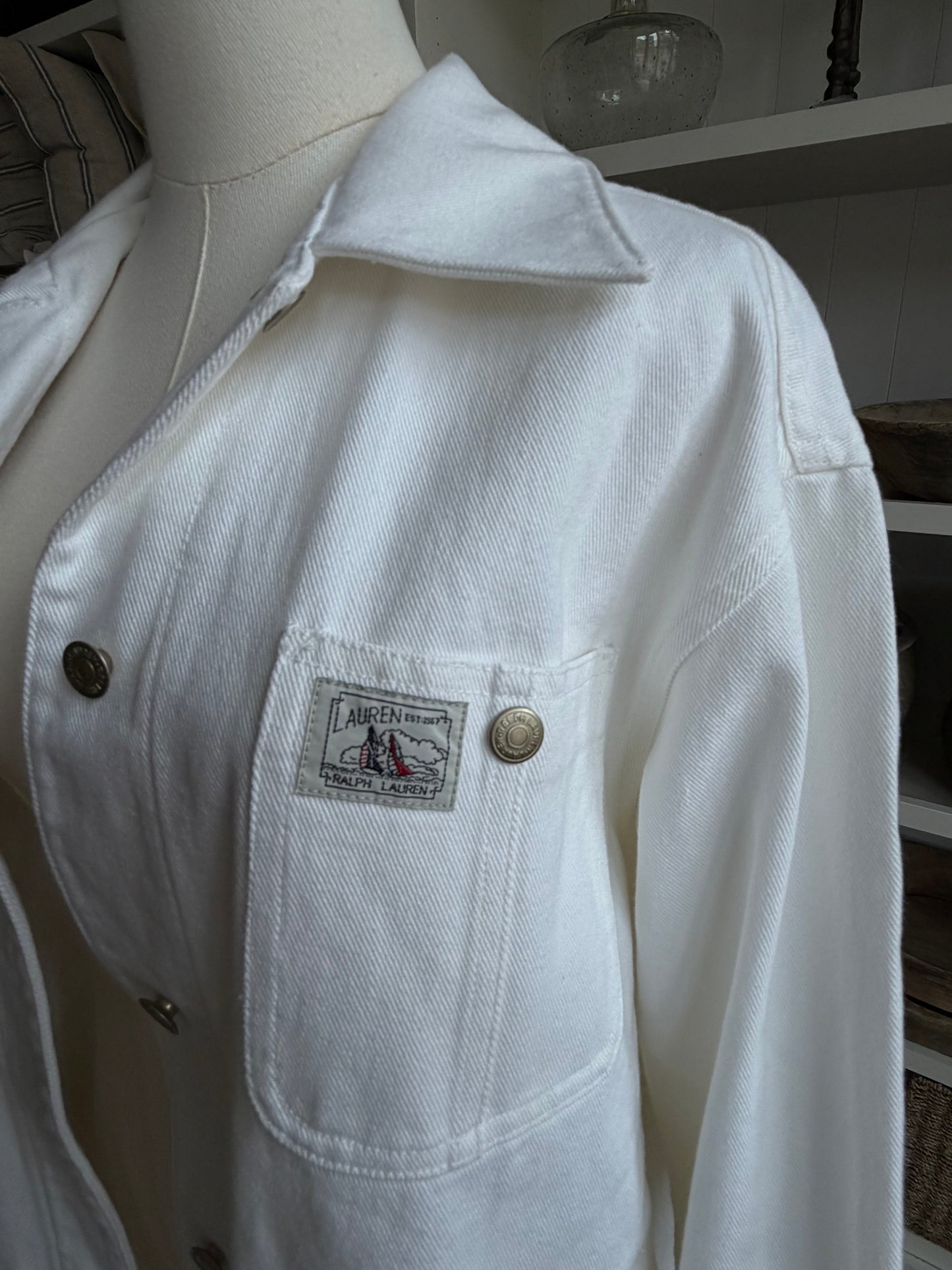 90s Lauren Ralph Lauren white denim chore coat. Made in Hong Kong