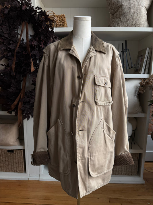 90s Banana Republic flannel lined barn coat with leather collar. Fits M-XL