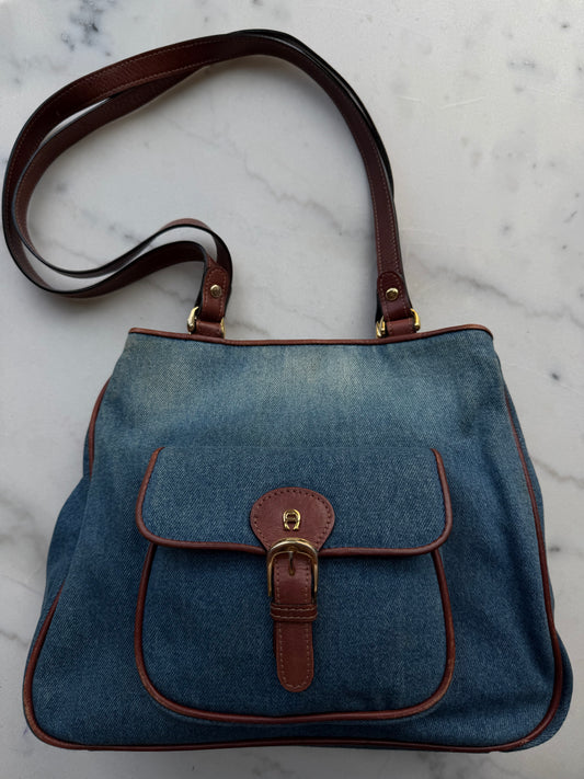 90s Etienne Aigner denim shoulder bag with leather trim