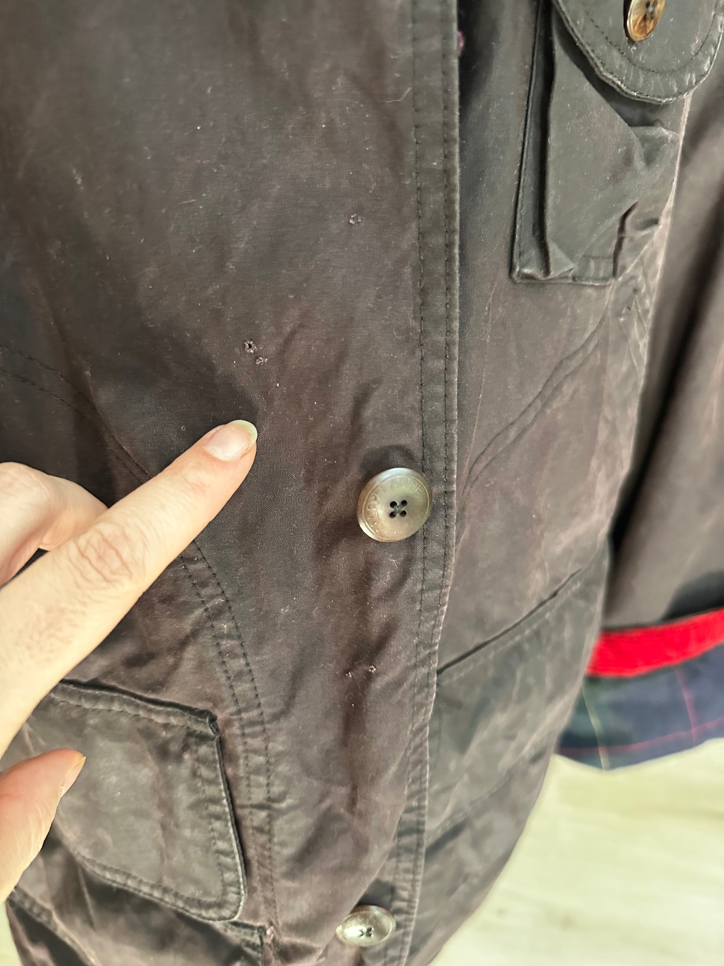 80s/90s Polo Ralph Lauren waxed barn coat in brown with red corduroy collar. Made in the USA