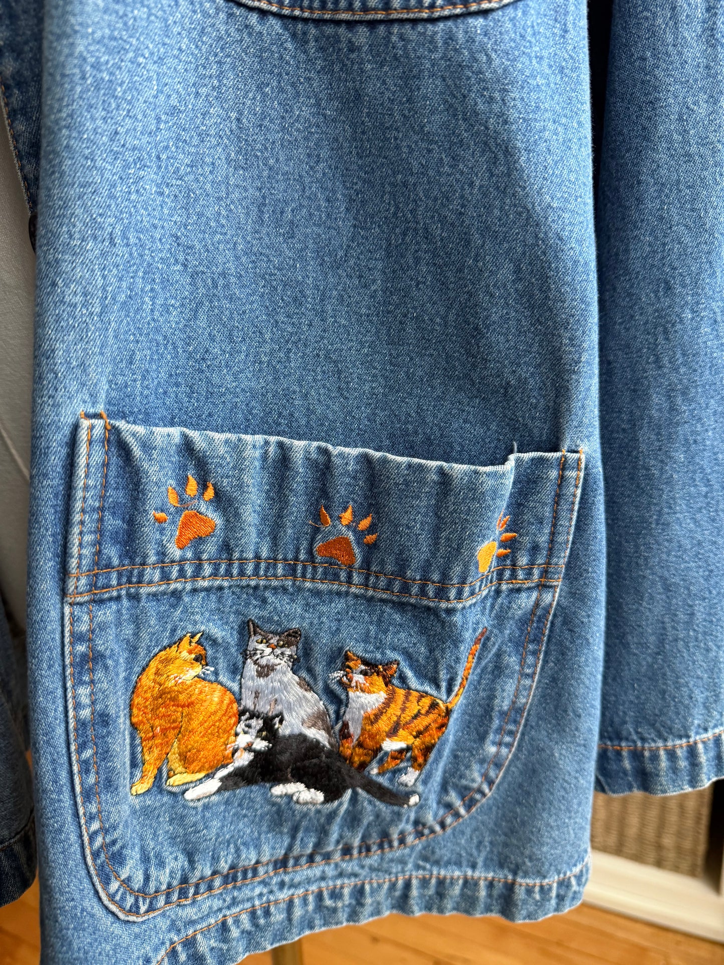 90s Casey Coleman denim chore coat with embroidered cats on pockets