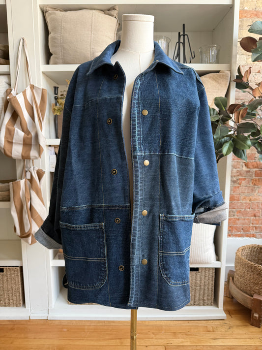 Dark Denim Reworked Chore Coat. Size medium