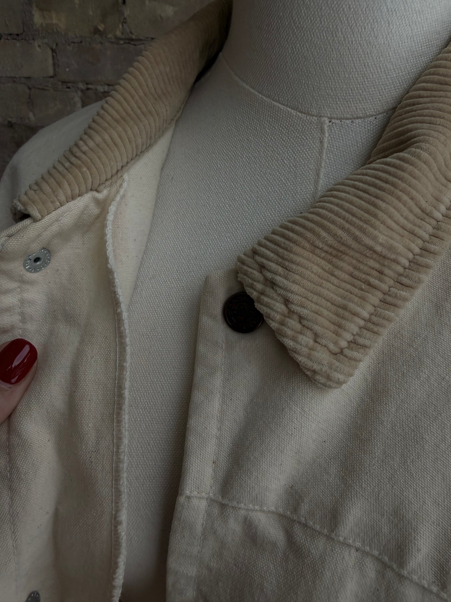 80s American West cream duster with corduroy collar. Made in USA