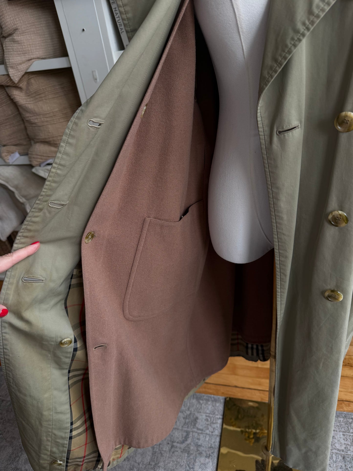 Vintage Burberry green khaki trench with removable wool lining. Made in the USA.