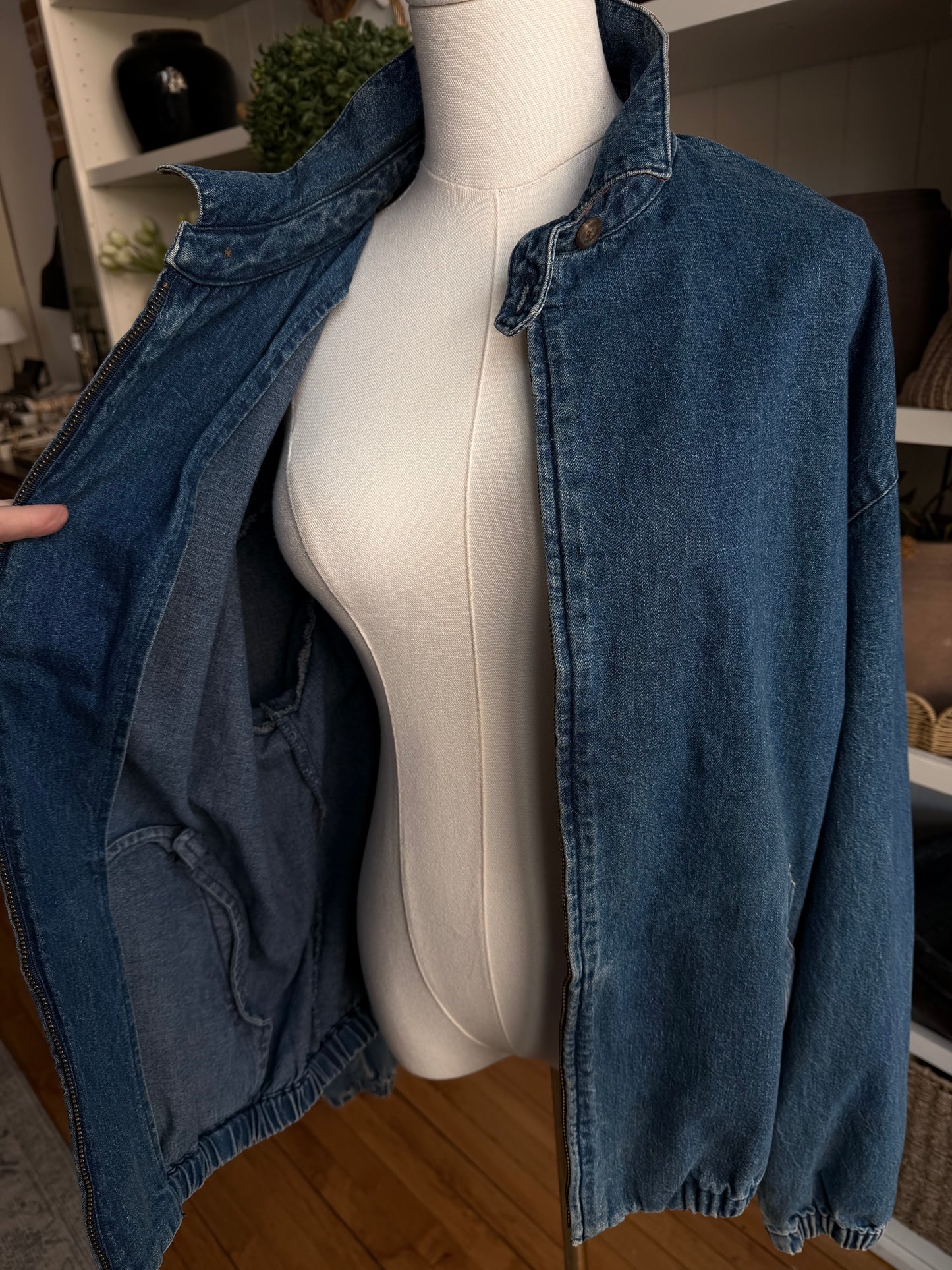80s Polo Ralph Lauren denim bomber with plaid under collar. Made in USA