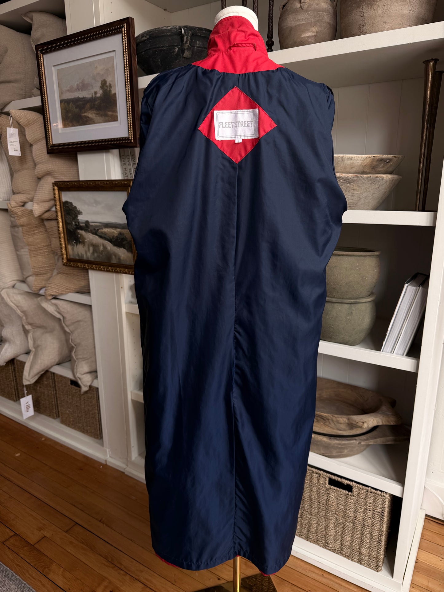 80s Fleet Street red trench with navy details. Made in Korea