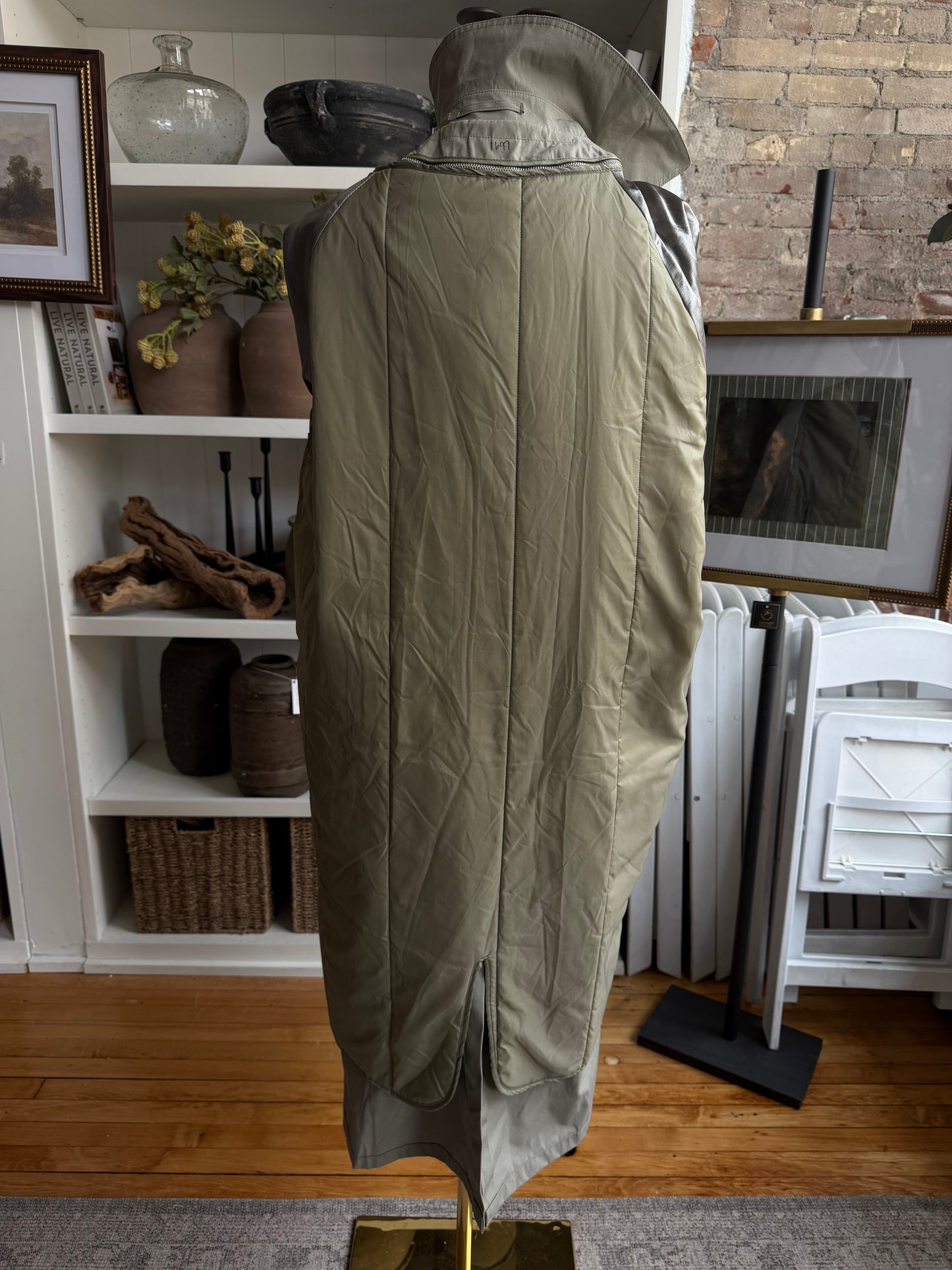 Light green military trench with zip out insulated lining