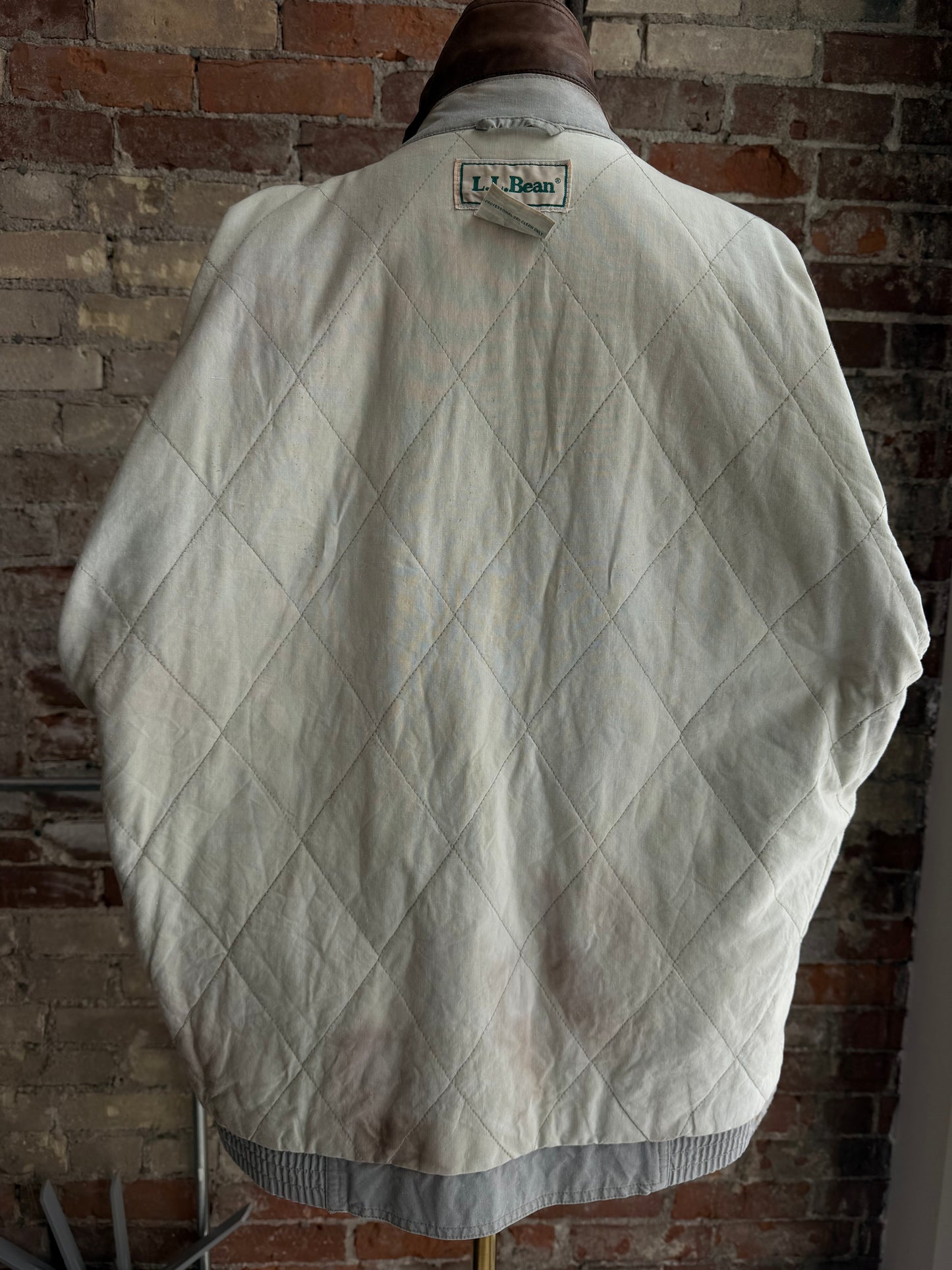 90s LLBean khaki bomber with leather collar. Made in Hong Kong.