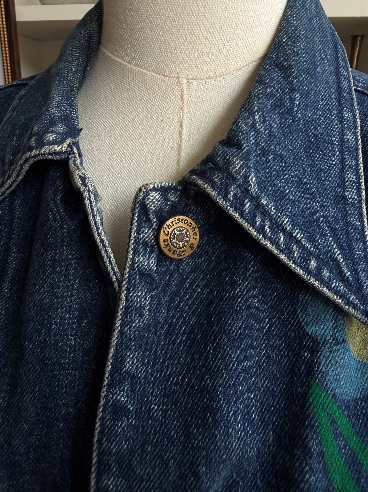 Blocked printed vintage denim trench. Hand painted by SRM Prints