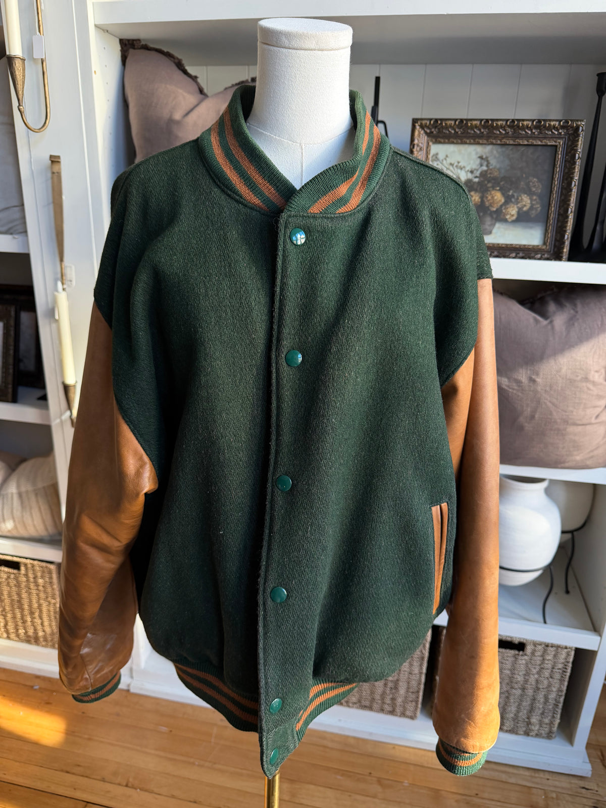 90s J. Peterman Co. wool and leather bomber. Made in the USA
