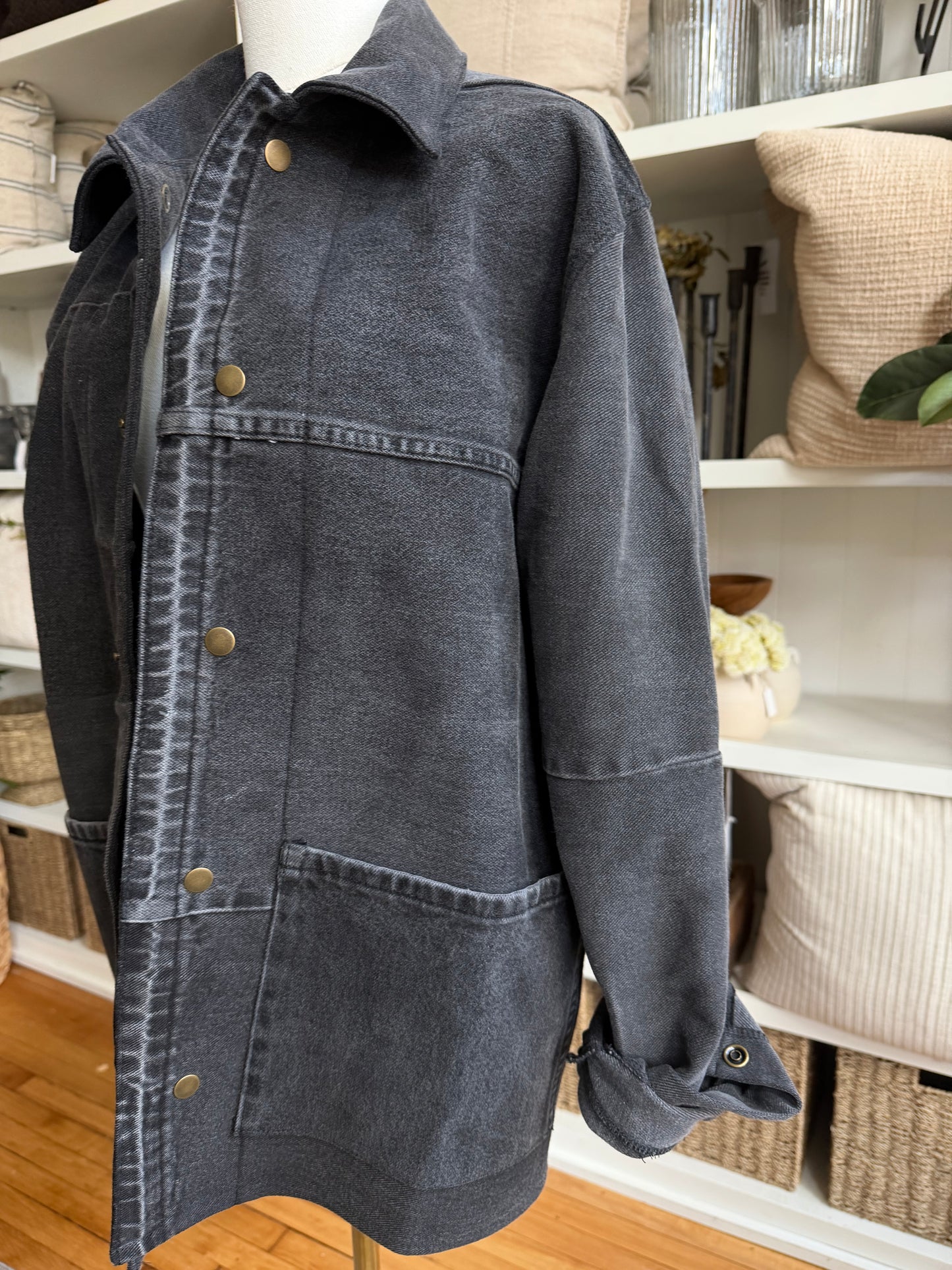 Black Reworked Denim Chore Coat. Size Small