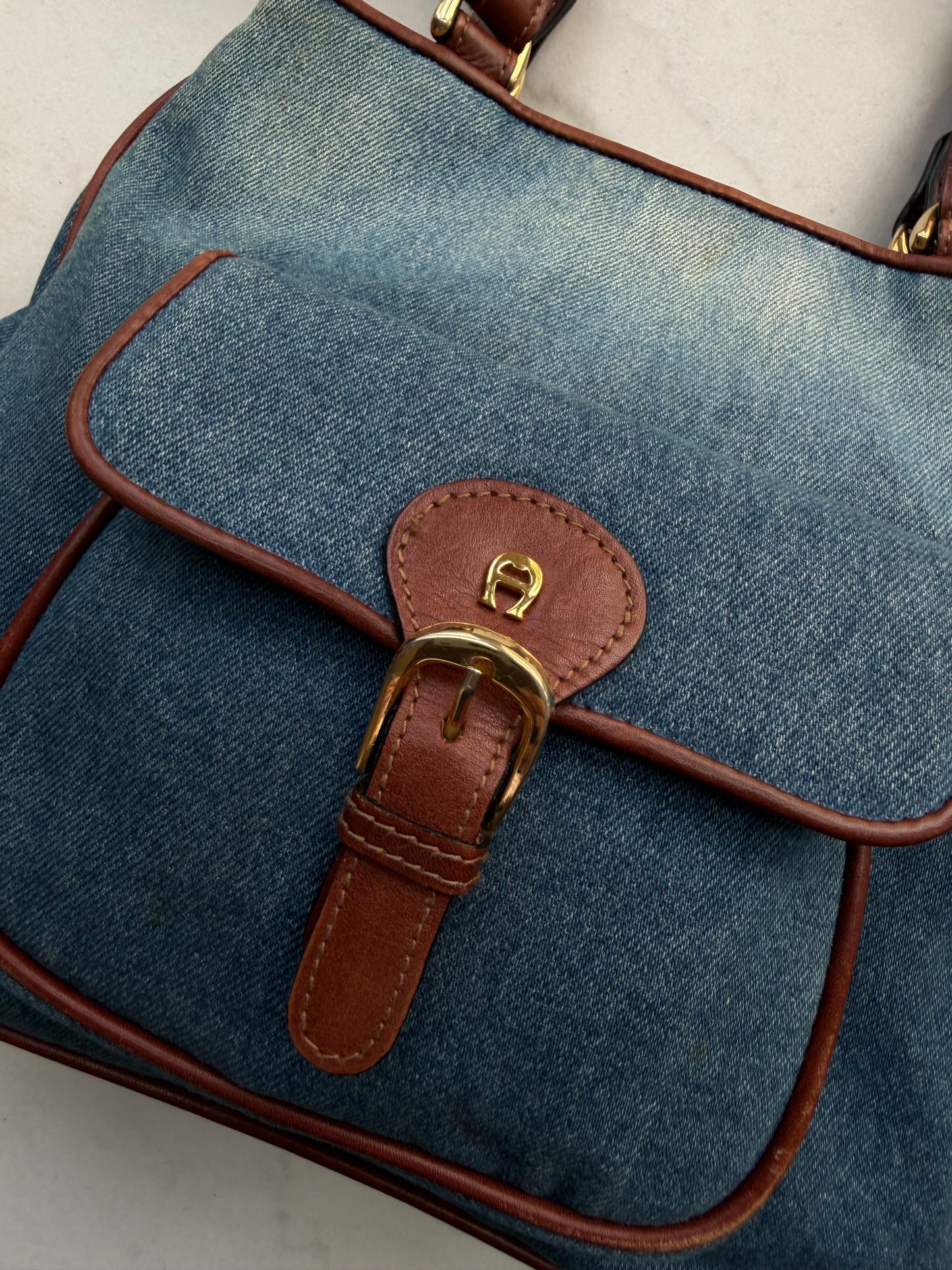 90s Etienne Aigner denim shoulder bag with leather trim