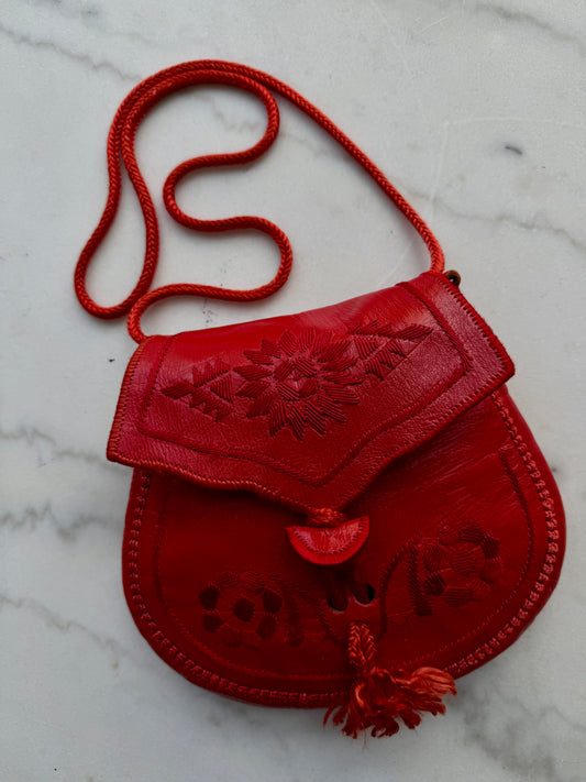 Vintage red leather embroidered crossbody. Sourced in Paris