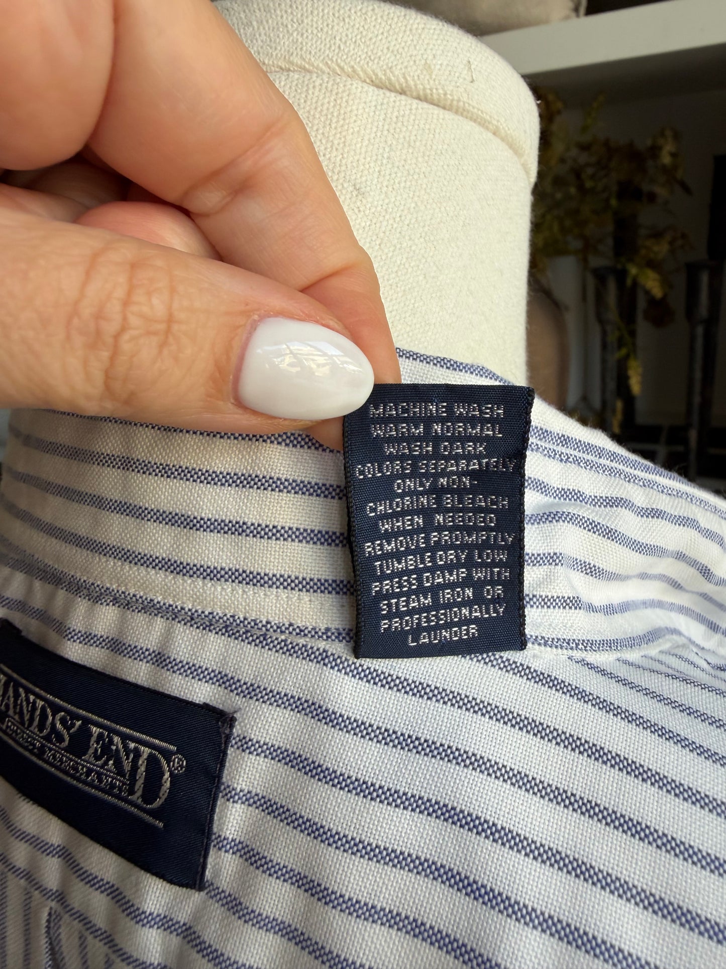 90s Lands End blue on white stripe oxford button down.