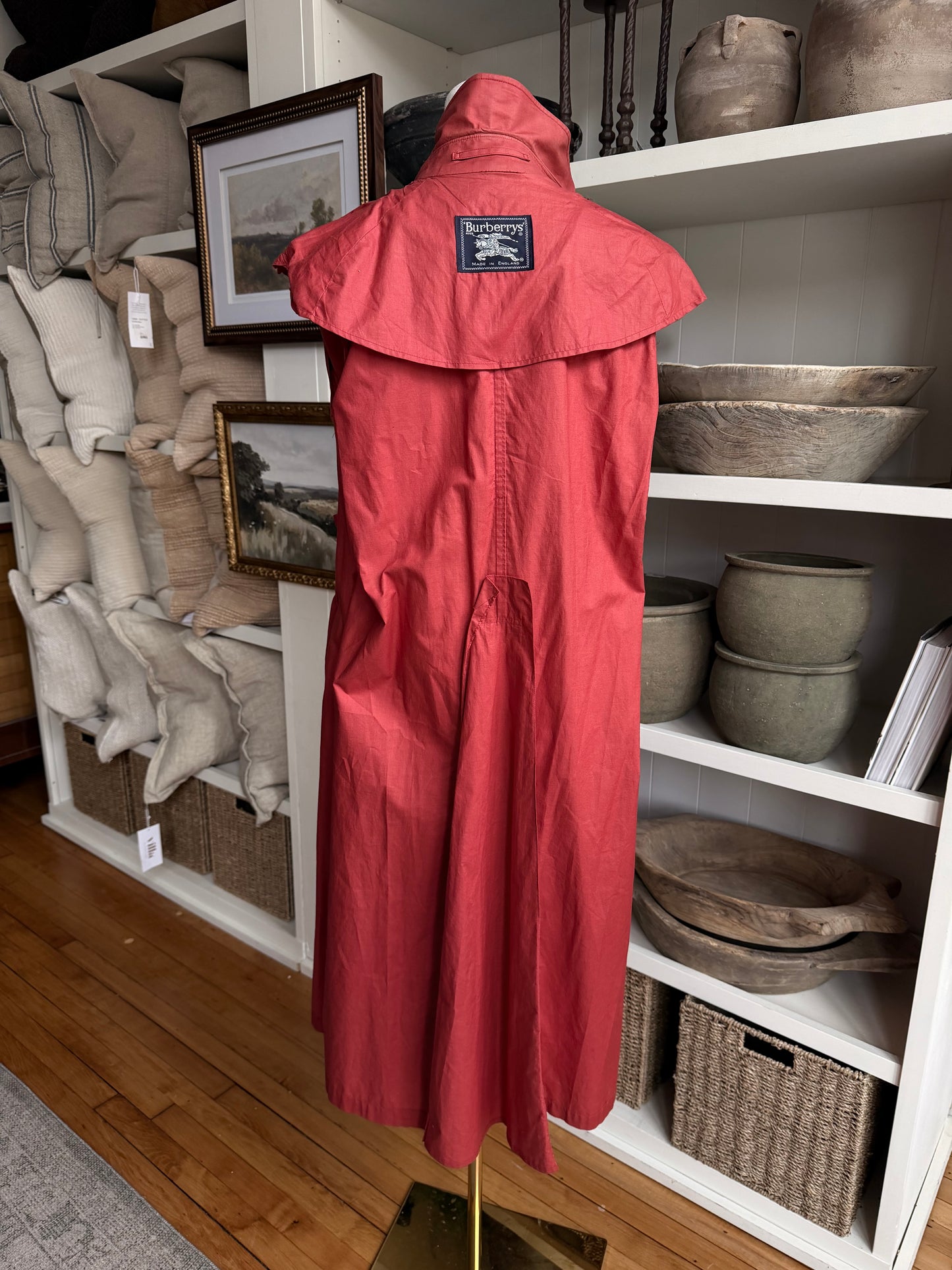 80s Burberry red packable light weight traveler trench with carrying bag