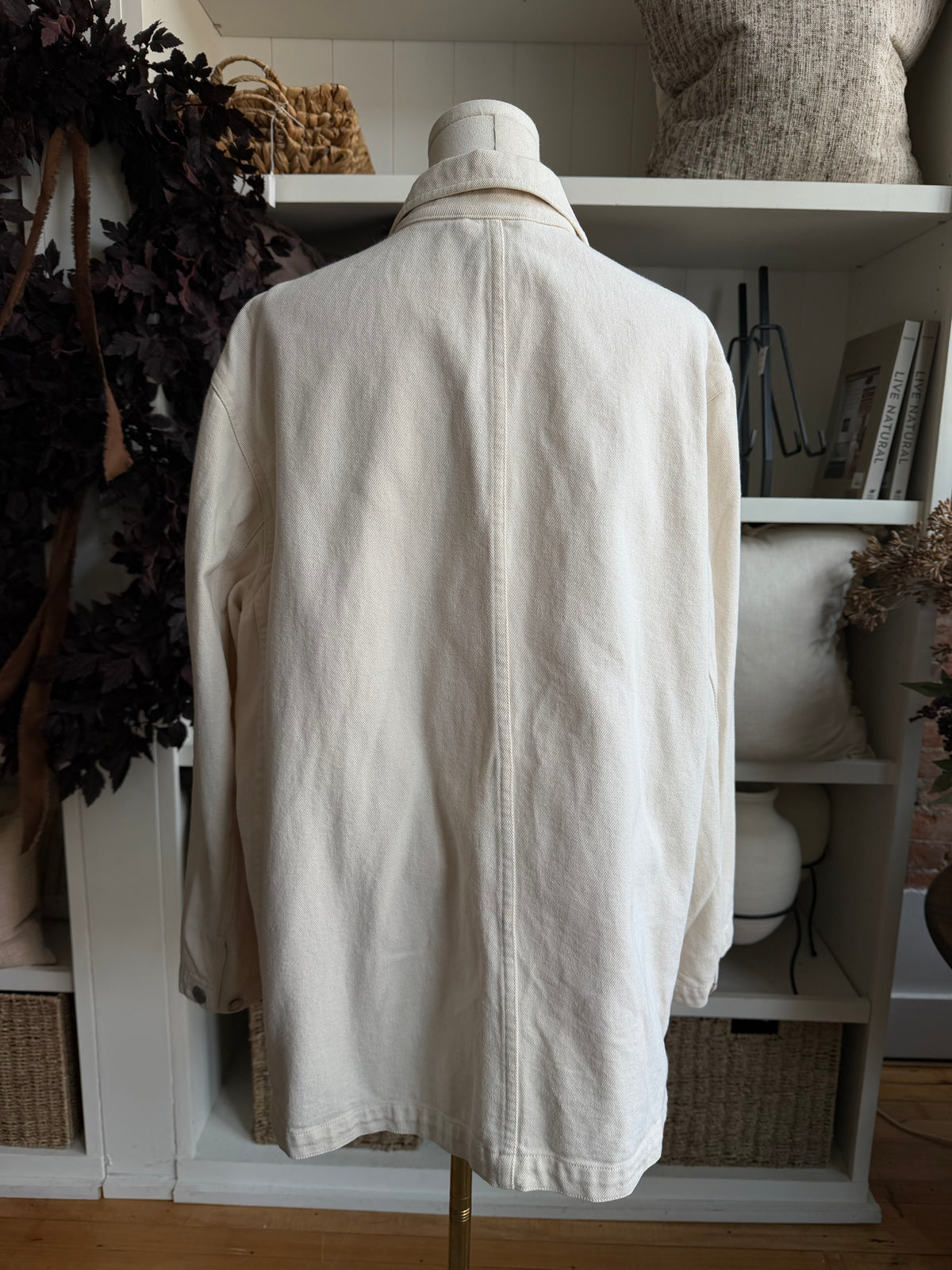 90s Lauren by Ralph Lauren cream denim chore coat. Made in Hong Kong. Fits S-L
