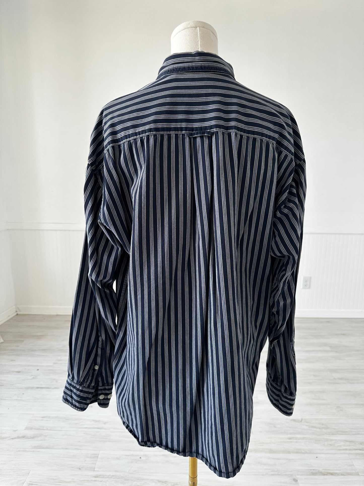 90s St John’s Bay navy striped button down. Made in Hong Kong