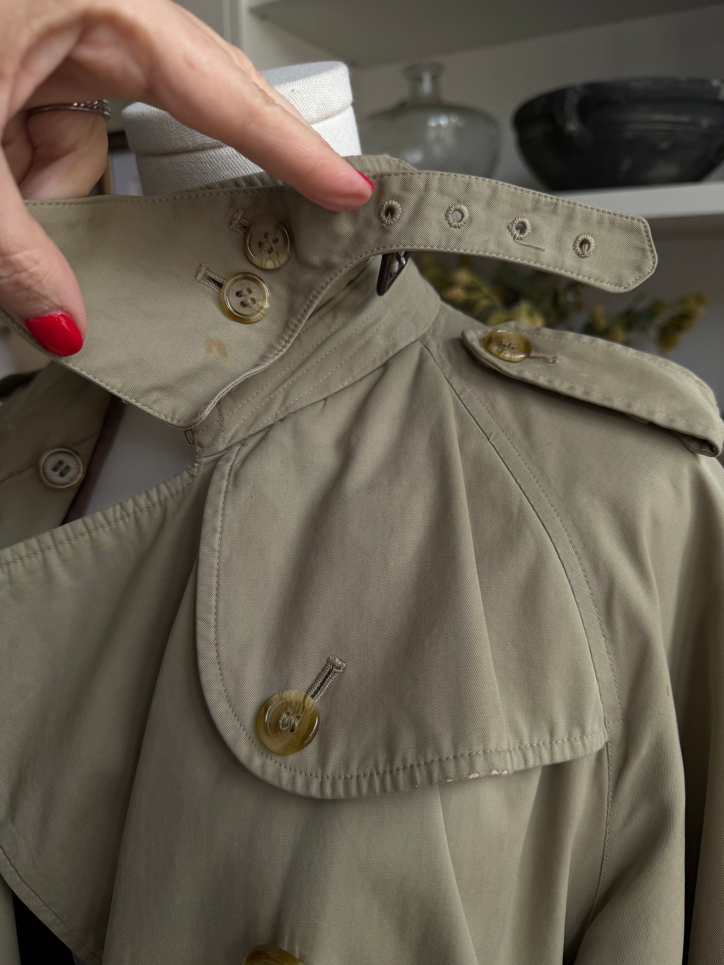 Vintage Burberry green khaki trench with removable wool lining. Made in the USA.