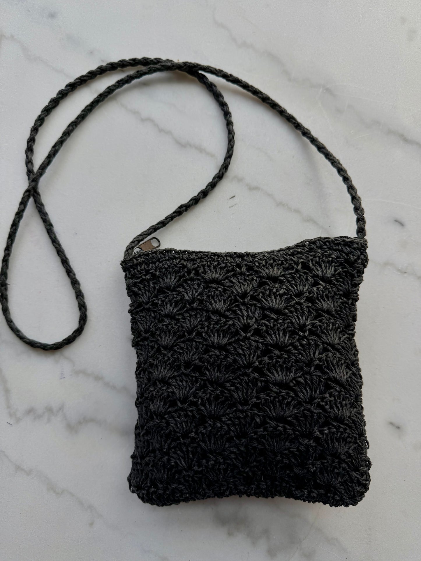 Vintage black woven paper crossbody bag. Sourced in Paris