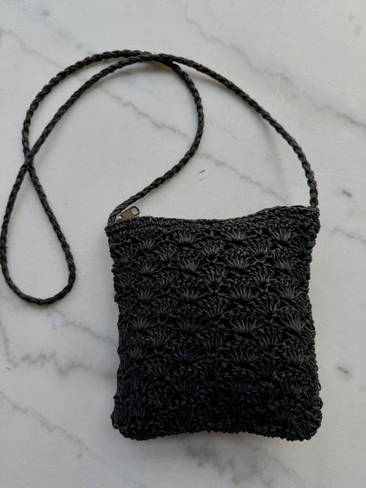 Vintage black woven paper crossbody bag. Sourced in Paris