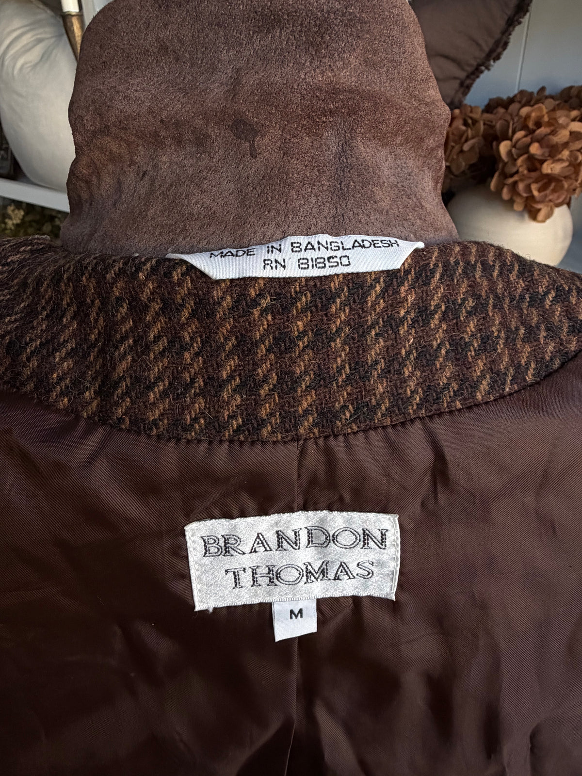 90s Brandon Thomas wool blend houndstooth blazer with leather collar. Fits XS-M petite