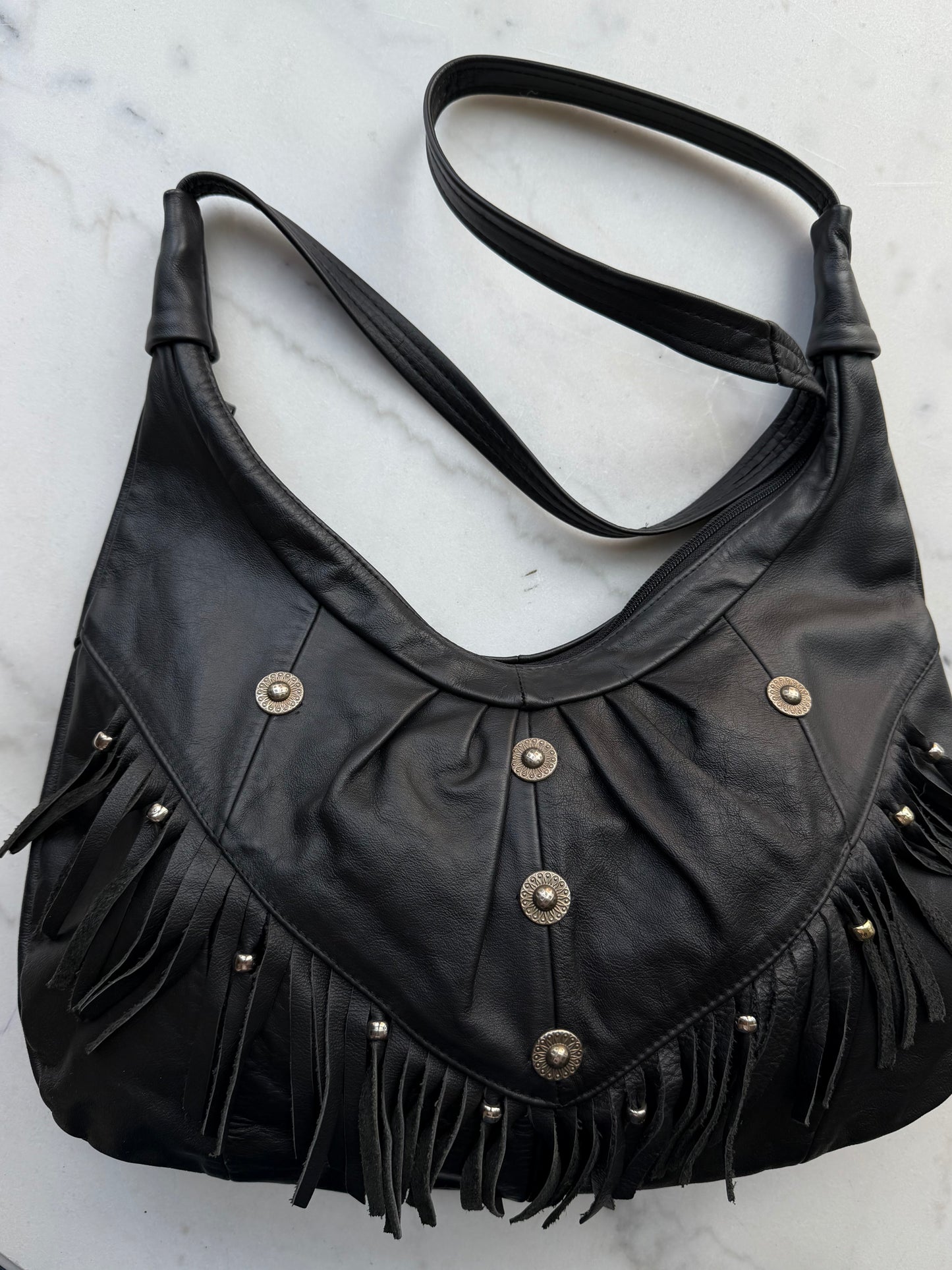 90s Black leather fringe bag. Made in Mexico