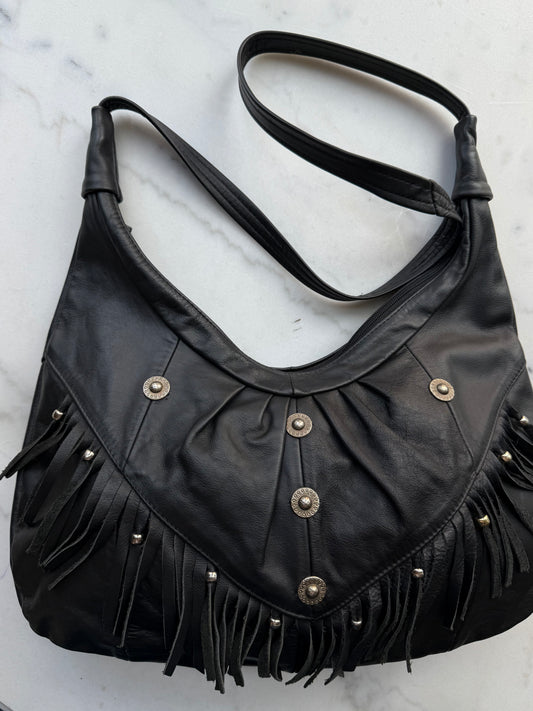 90s Black leather fringe bag. Made in Mexico