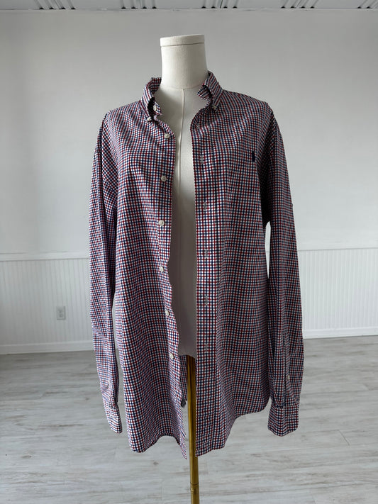 90s Ralph Lauren red white and blue checkered poplin button down. Made in Hong Kong