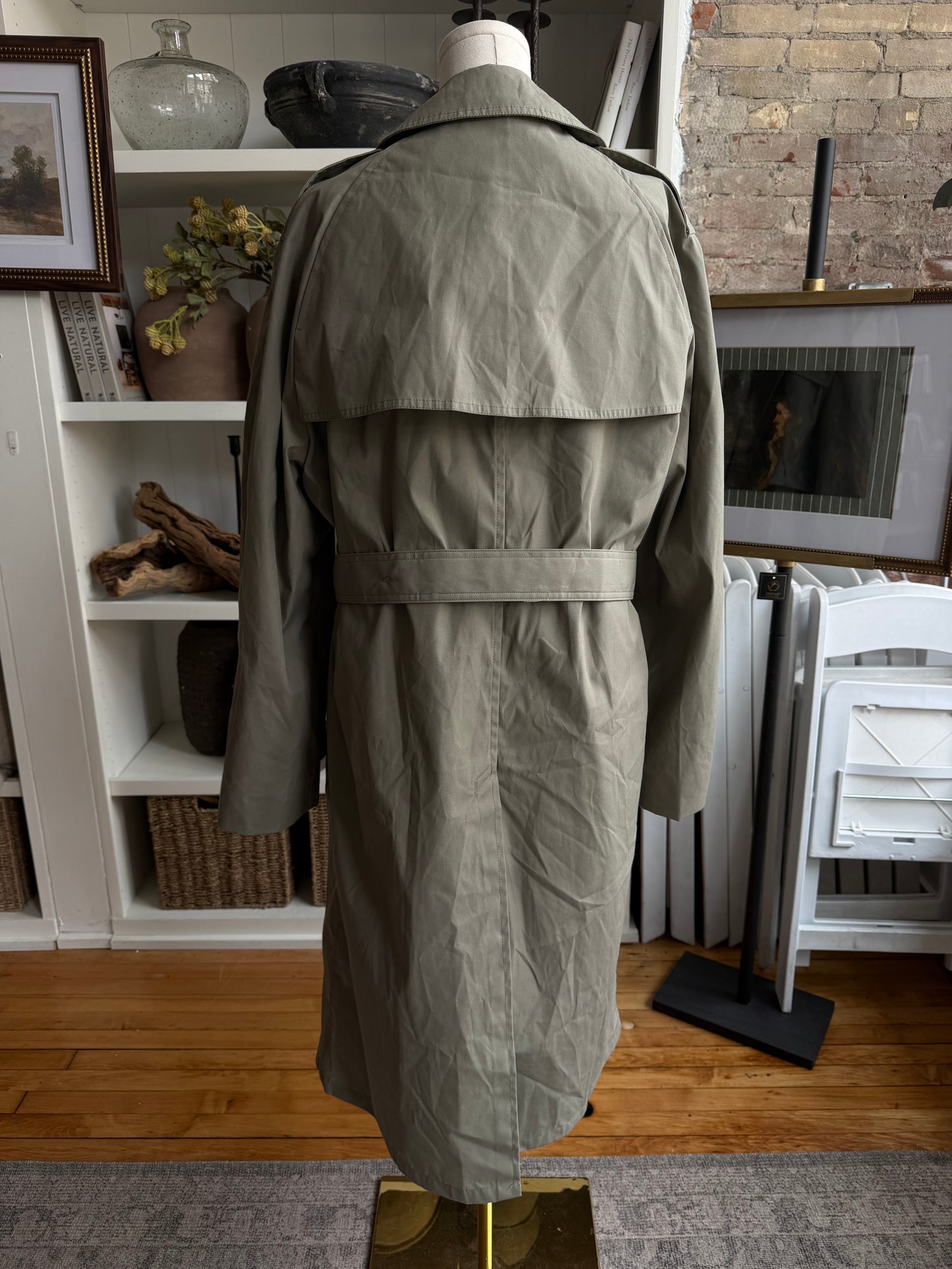 Light green military trench with zip out insulated lining