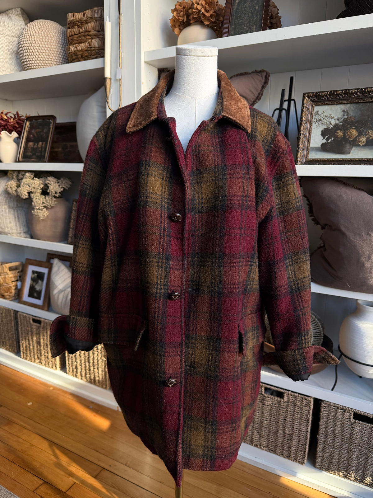 90s J.Crew wool barn coat with suede collar. Made in Canada